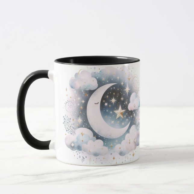 Taza Creciente Luna Celeste Boho Moderno Azul y Blanco (Izquierda)