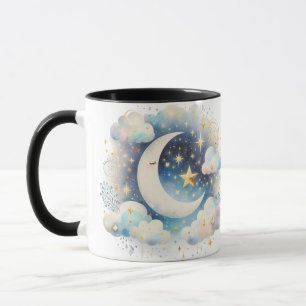 Taza Creciente Luna Celeste Boho Moderno Azul y Blanco