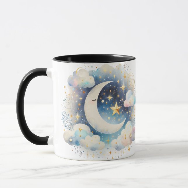 Taza Creciente Luna Celeste Boho Moderno Azul y Blanco (Izquierda)