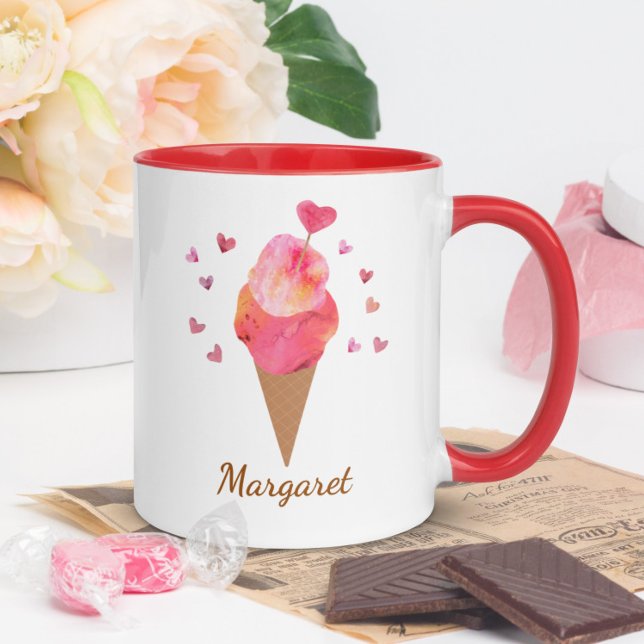 Taza Crema De Hielo Cute Valentine Heart-Illustrated (This ice cream mug features my own original cut paper art of a sugar cone surrounded by hearts.)