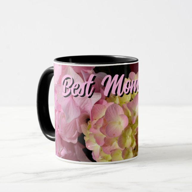 Taza Crema rosa Hidráneas Madres flores amarillas rosad (Anverso izquierdo)