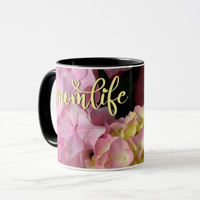 Taza Crema rosa Hidrángulos amarillos rosados florales  (Anverso izquierdo)