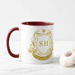 Taza Crestón de cinta elegante y monograma inicial dora