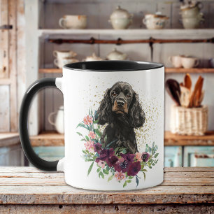 Taza Crimson Floral Bouquet Black Tan Cocker Spaniel