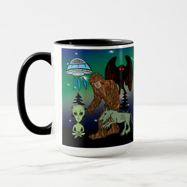 Taza Criptidos, Pie, Sasquatch, Mothman, Alien, OVNI (Izquierda)