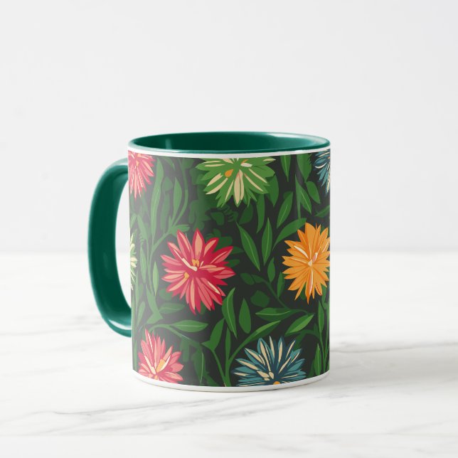 Taza Crisantemo colorido y patrón de follaje verde (Anverso izquierdo)