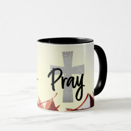 Taza Cruz cristiana gris, hojas rojas otoñales