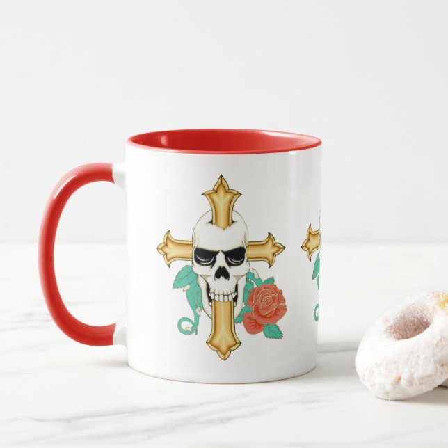 Taza Cruz De Calavera Y Rosa (Con donut)