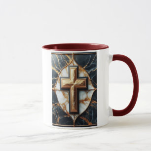 Taza Cruz de Mármol Blanco y Negro con oro