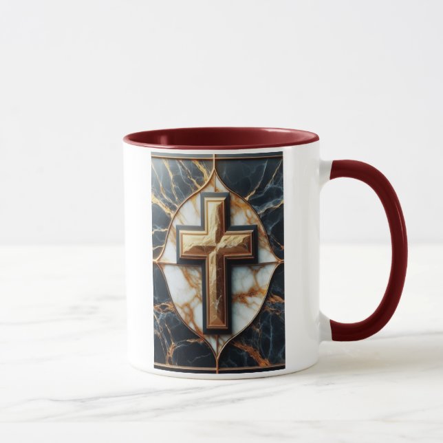 Taza Cruz de Mármol Blanco y Negro con oro (Derecha)