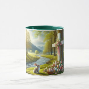 Taza Cruz de Pascua con conejo y huevos