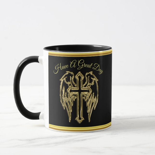 Taza cruz de Relieve metalizado católico negro y dorado (Izquierda)