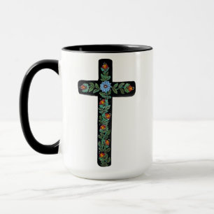 Taza Cruz Negra con Flores