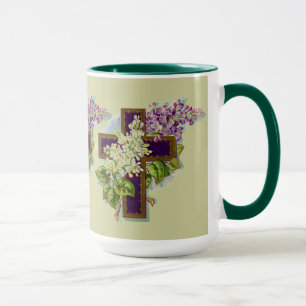 Taza Cruz púrpura con las flores