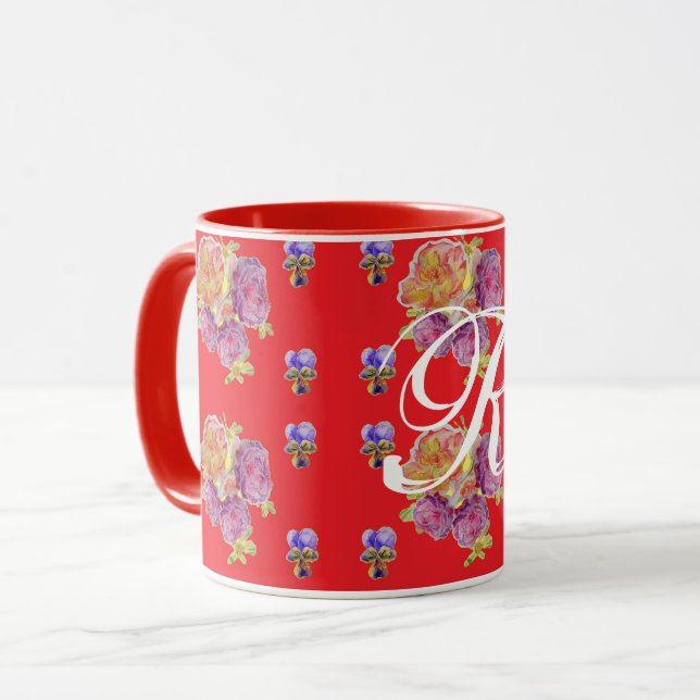 Taza Cruz Roja Shabby Chic Patrón Rosa Floral Inicial (Anverso izquierdo)