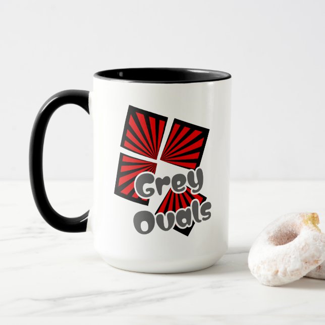 Taza Cuadrados rojos con vigas y óvalos grises Texto (Con donut)