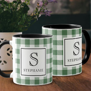 Taza Cuadro verde y blanco con tipografía negra y monog