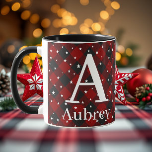 Taza Cuadros rojos y negros con estrellas personalizada