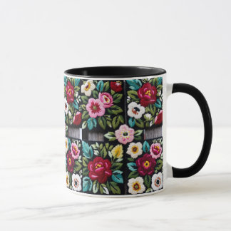 Taza Cuarteto de Bordado Floral Vibrante sobre Negro