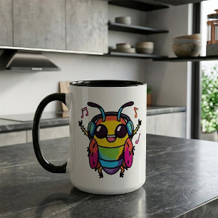 Taza Cucaracha feliz con auriculares escuchando música