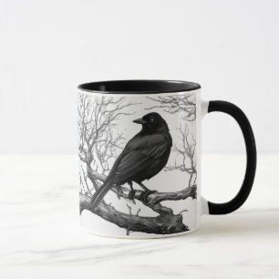 Taza Cuervo Posado en Ramas Desnudas de Invierno