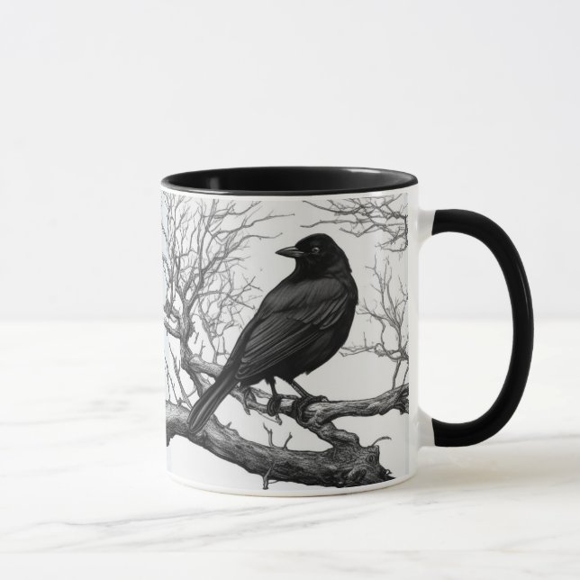 Taza Cuervo Posado en Ramas Desnudas de Invierno (Derecha)