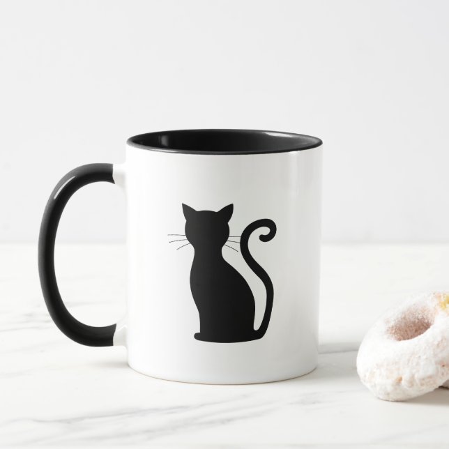 Taza Cuidada silueta de gato negro divertido negro y bl (Con donut)