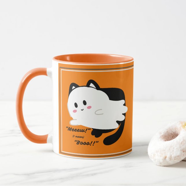Taza Cuidado fantasma negro gato boo de Halloween (Con donut)