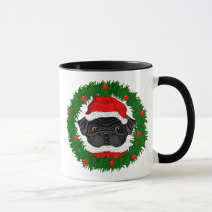 Taza Cuidados Navidades Black Pug Santa en guirnalda