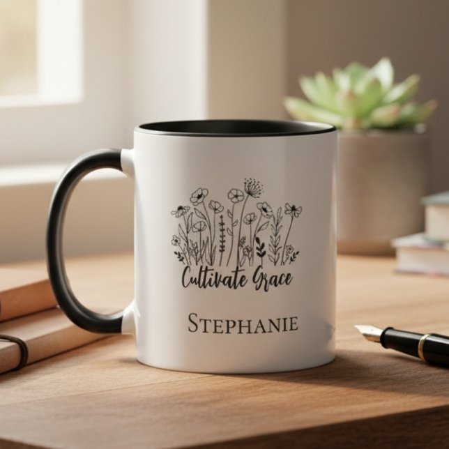 Taza "Cultivate Grace" Floral Mug - Inspirational Gift (Inspirational wildflower personalized mug)