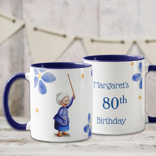 Taza Cumpleaños 80 Azul Abuela Acuarela Floral