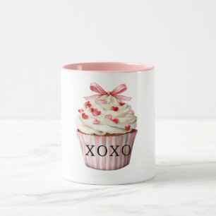 Taza Cumpleaños Cupcake Corazones Rojos Lazo Rosa