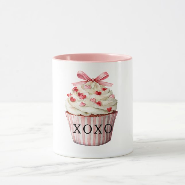 Taza Cumpleaños Cupcake Corazones Rojos Lazo Rosa (Centro)