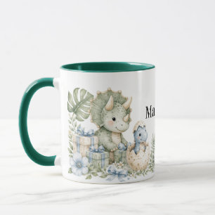 Taza Cumpleaños de dinosaurio con acuarela azul pastel