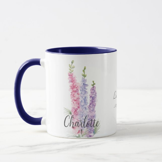 Taza Cumpleaños de Julio Flor acuática Larkspur (Izquierda)