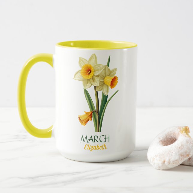 Taza Cumpleaños de Marzo Flor de Nacimiento Daffodil Pe (Con donut)