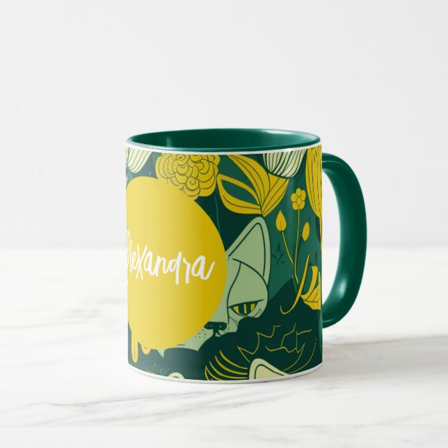 Taza Cumpleaños del amante del gato amarillo y verde pe (Anverso derecho)