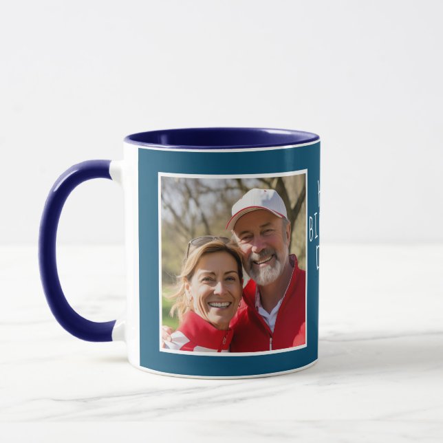 Taza Cumpleaños del marido dos fotos y texto azul Verde (Izquierda)