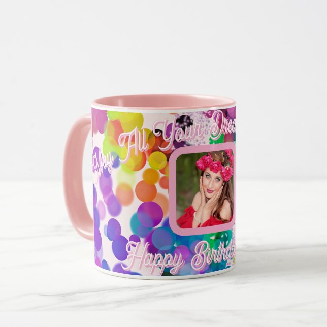 Taza Cumpleaños Feliz Burbujas Coloridas Bokeh Rosa Fot (Anverso izquierdo)