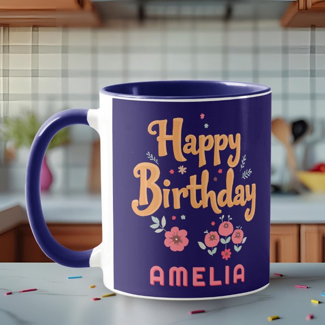 Taza Cumpleaños Feliz Flores Florales Letra a Mano (Subido por el creador)
