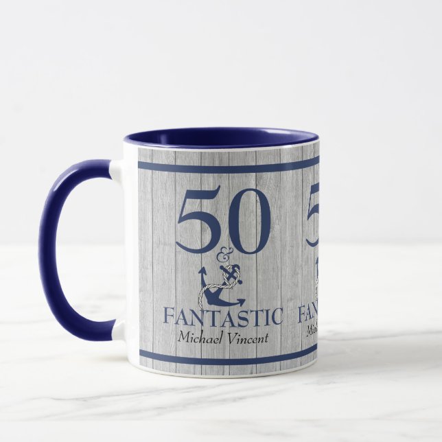 Taza Cumpleaños Náutico 50 y Gris Azul de la Marina Fan (Izquierda)