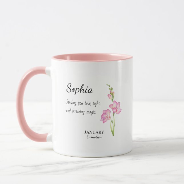 Taza Cumpleaños Personalizado de Enero con Clavel (Izquierda)