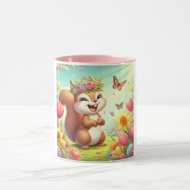 Taza Cura, ardilla de primavera feliz (Centro)