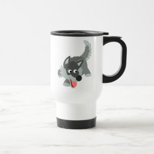 Taza curiosa linda del viajero del lobo del dibujo