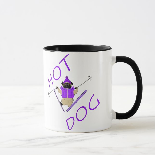 Taza Curioso perro caliente esquiar Pug Purple Jacket y (Derecha)