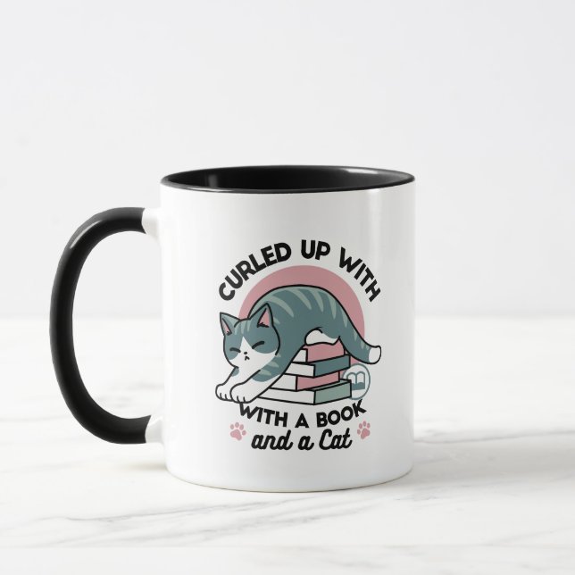 Taza Curva con un libro y un gato - cómodos lectores de (Izquierda)