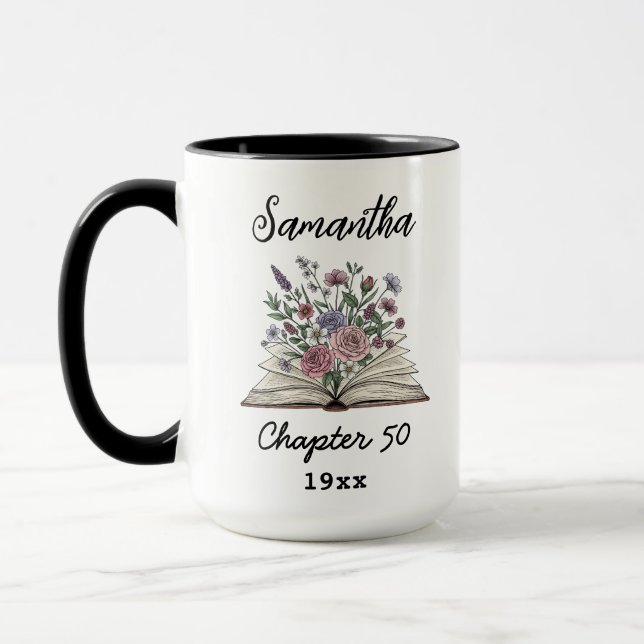 Taza Custom 50th Birthday Name - Chapter 50 Floral Book (Izquierda)