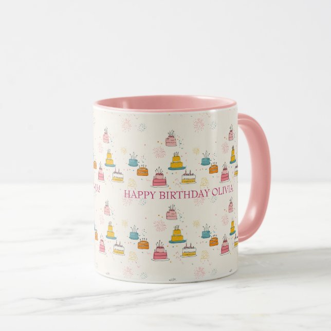Taza Custom Birthday Mug – Floating Cakes & Confetti (Anverso derecho)