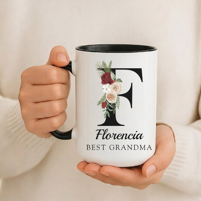 Taza Custom Floral Monogram Mug Gift for Best Grandma (Personalized Floral Alphabet Mug Gift for Mom, Teacher, Nurse, Doctor, Coworker, Boss or Bridesmaid)