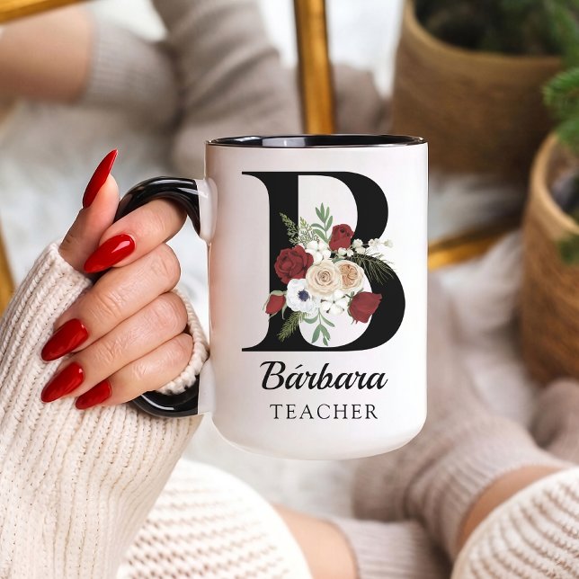 Taza Custom Floral Monogram Mug Gift for Bride Teacher (Personalized Floral Alphabet Mug Gift for Teacher, Nurse, Doctor, Coworker, Boss, and Bridesmaid)
